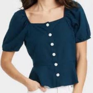 Universal Thread Puff Navy Peplum Linen Blend Blouse Size Large